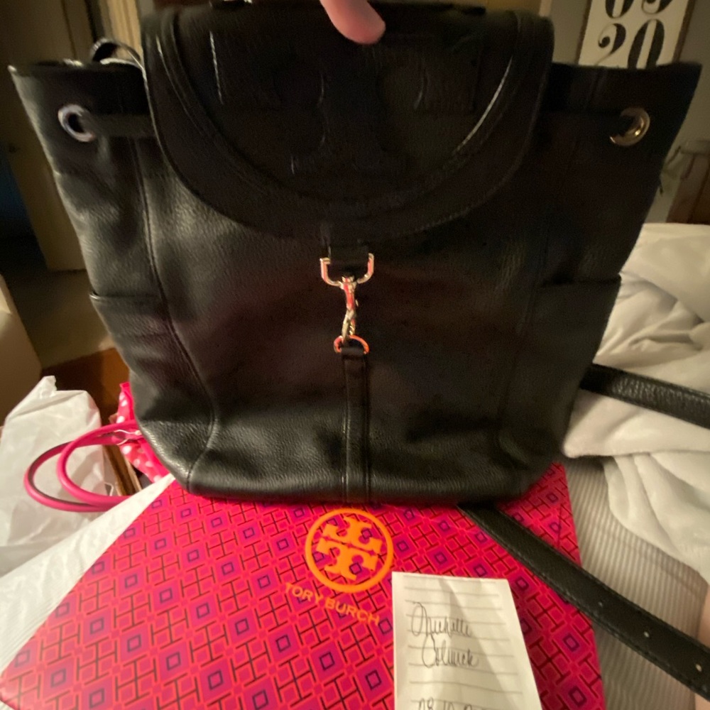 Tory Burch Black Pebbled Leather Backpack
